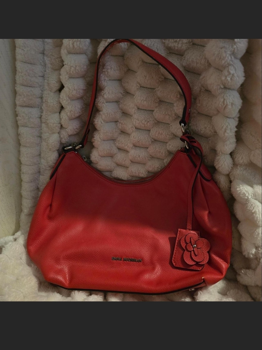 Dana Buchman Red Pebbled Leather Hobo Shoulder Bag with Flower Charm